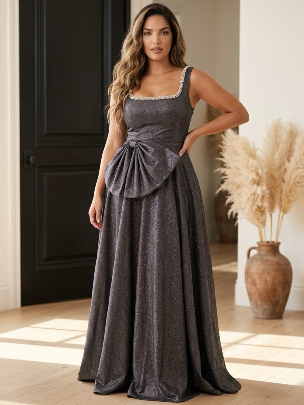 Cache Shimmering Black Satin Prom Gown with Embellished Square Neckline
